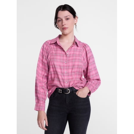 Scenario Women's Plaid Shirt with Long Puff Sleeves, Sizes XS-XXXL