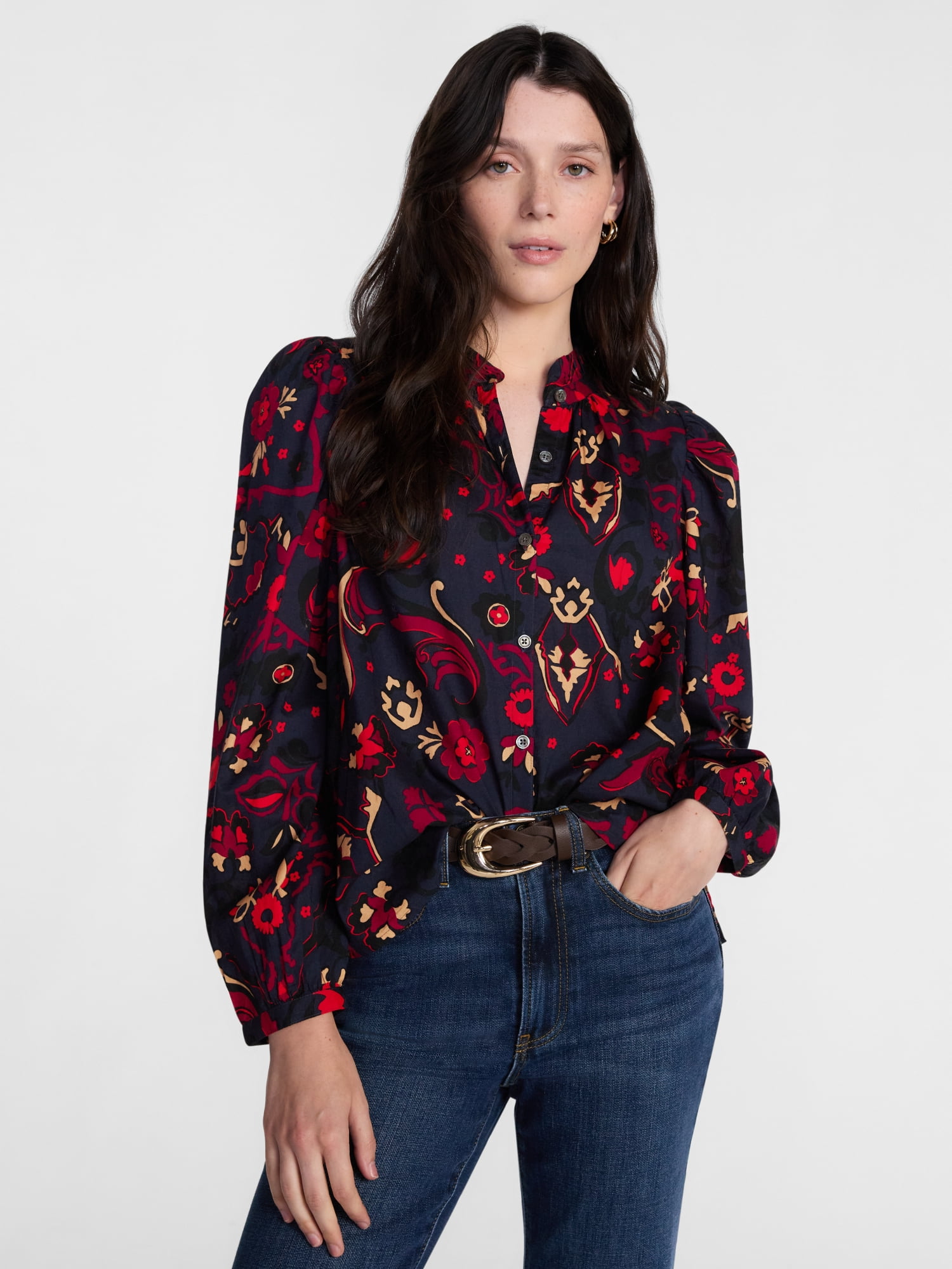 Scenario Women's Ruffle Collar Top with Long Sleeves, Sizes XS-XXXL