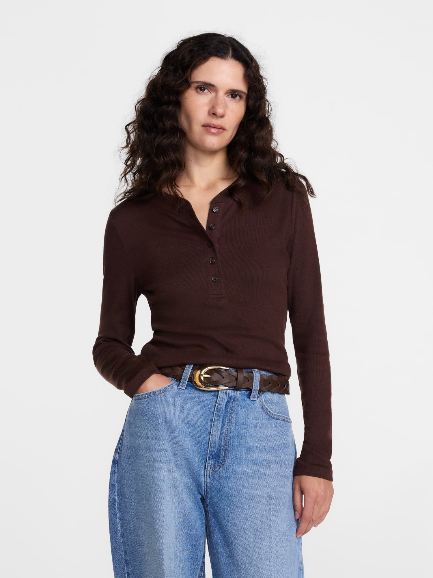 Scenario Women's and Women's Plus Rib Henley with Long Sleeves, Sizes XS-4X