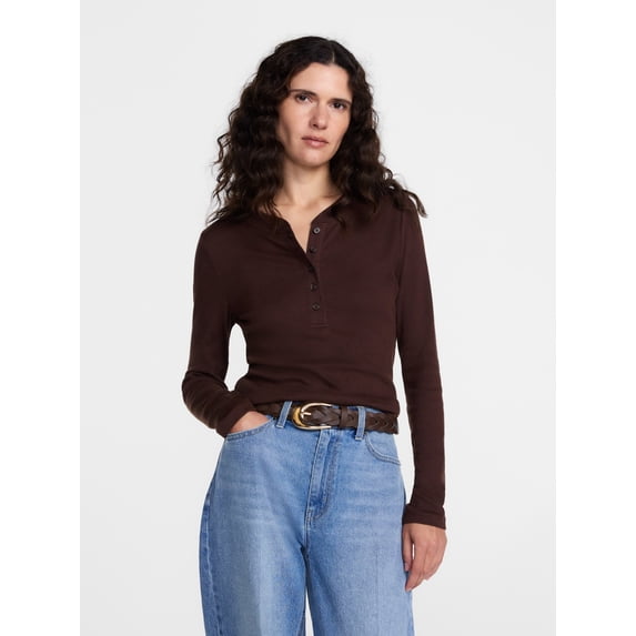 Scenario Women's and Women's Plus Rib Henley with Long Sleeves, Sizes XS-4X