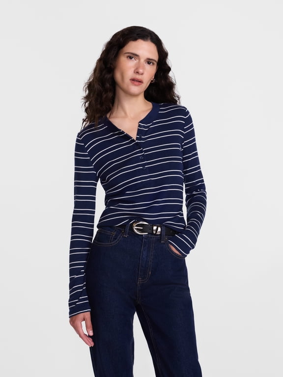 Women's and Women's Plus Rib Henley with Long Sleeves, Sizes XS-4X