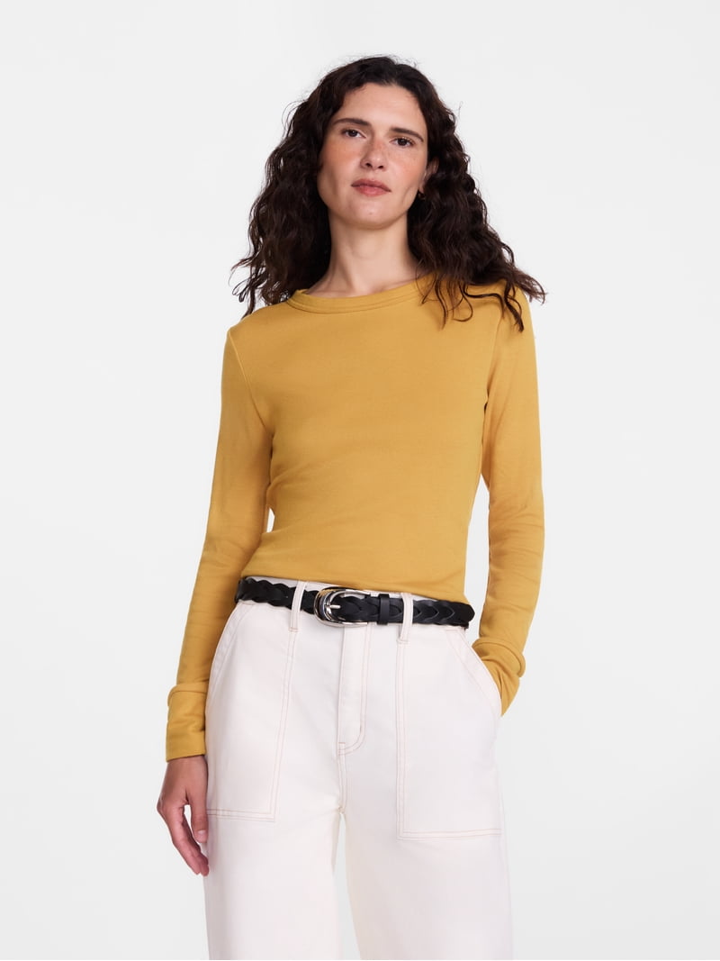 Scenario Women's Rib Tee, Long Sleeves, Yellow, Size S - Walmart.com