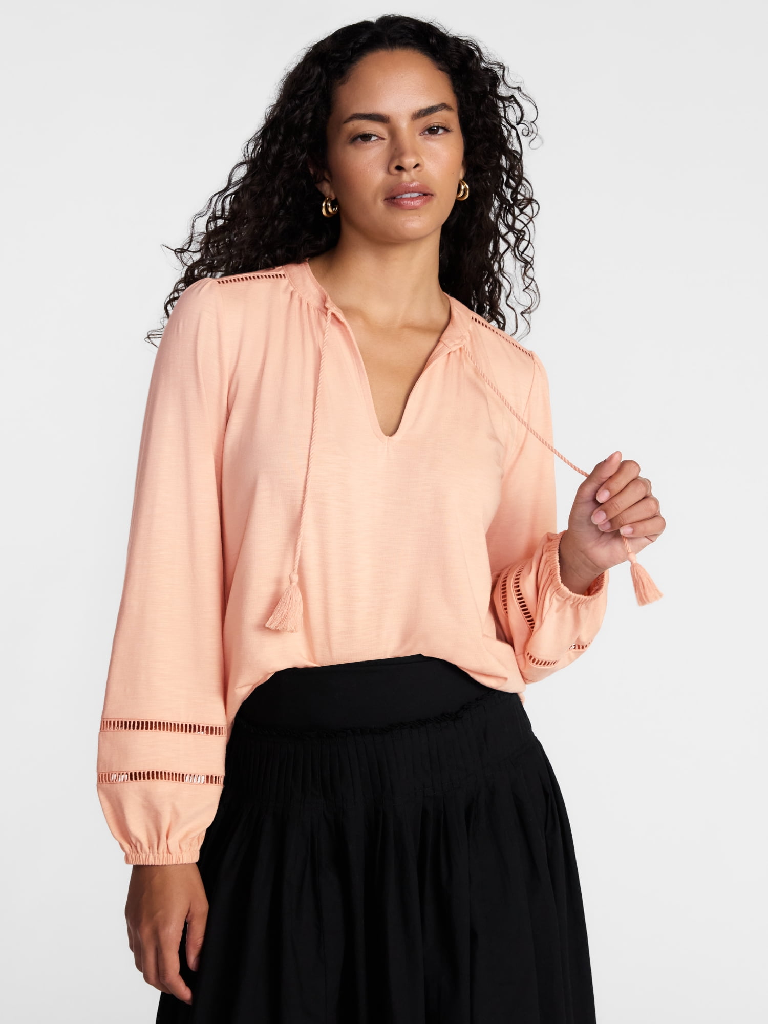 Scenario Women's Slub Knit Split Neck Top with Long Sleeves, Sizes XS-XXXL
