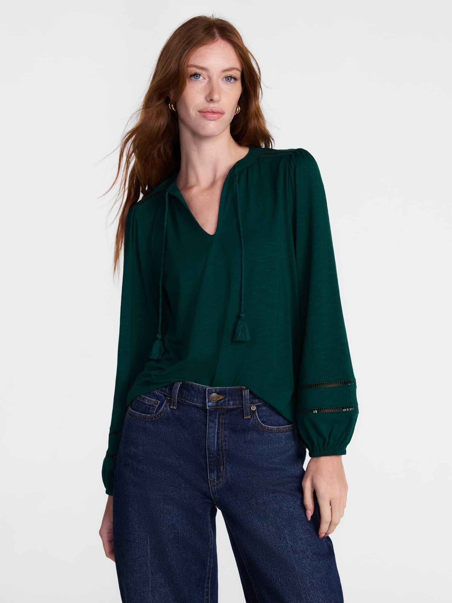 Scenario Women's Slub Knit Split Neck Top with Long Sleeves, Sizes XS-XXXL