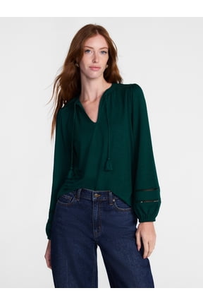 Women's Slub Knit Split Neck Top with Long Sleeves, Sizes XS-XXXL