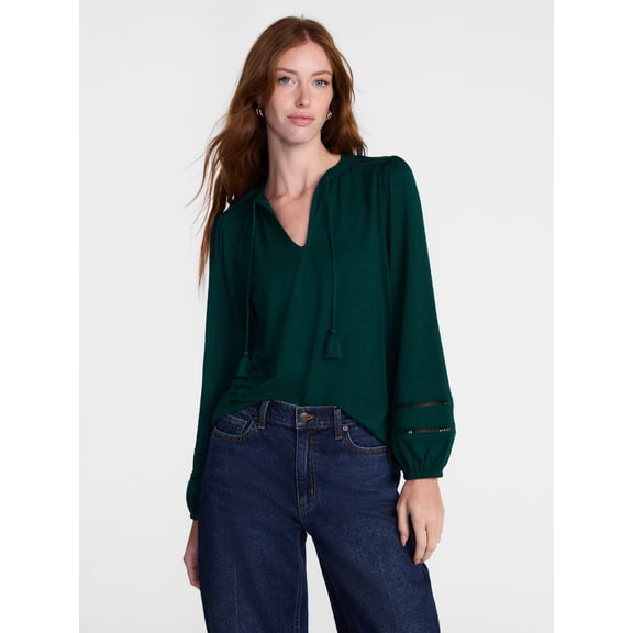 Scenario Women's Slub Knit Split Neck Top with Long Sleeves, Sizes XS-XXXL