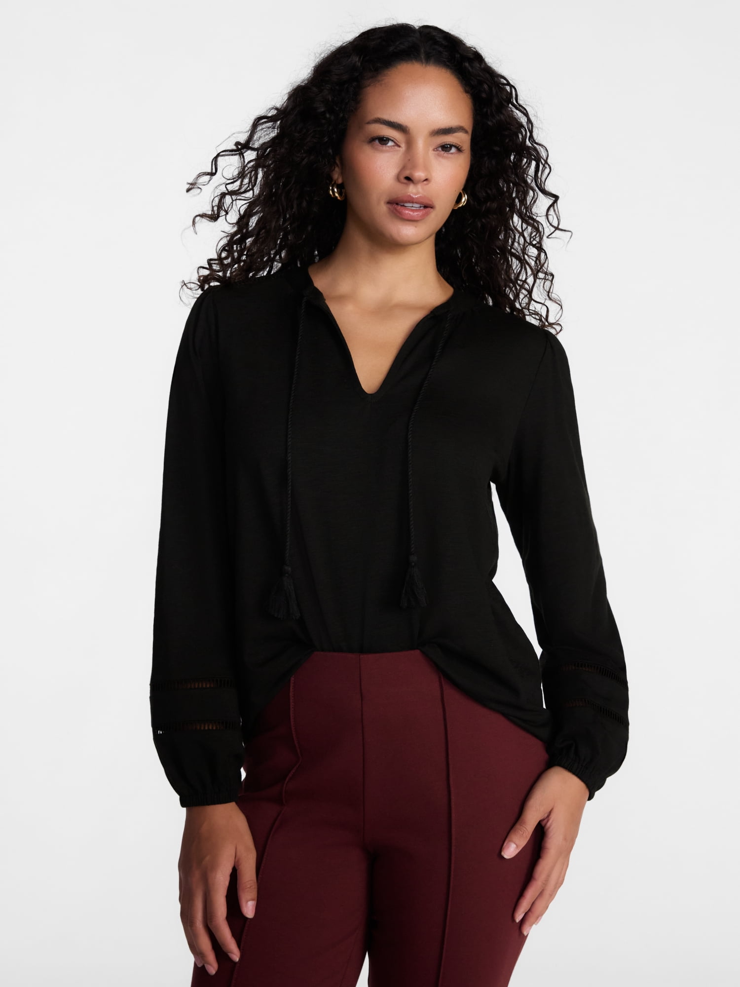 Scenario Women's Slub Knit Split Neck Top with Long Sleeves, Sizes XS-XXXL