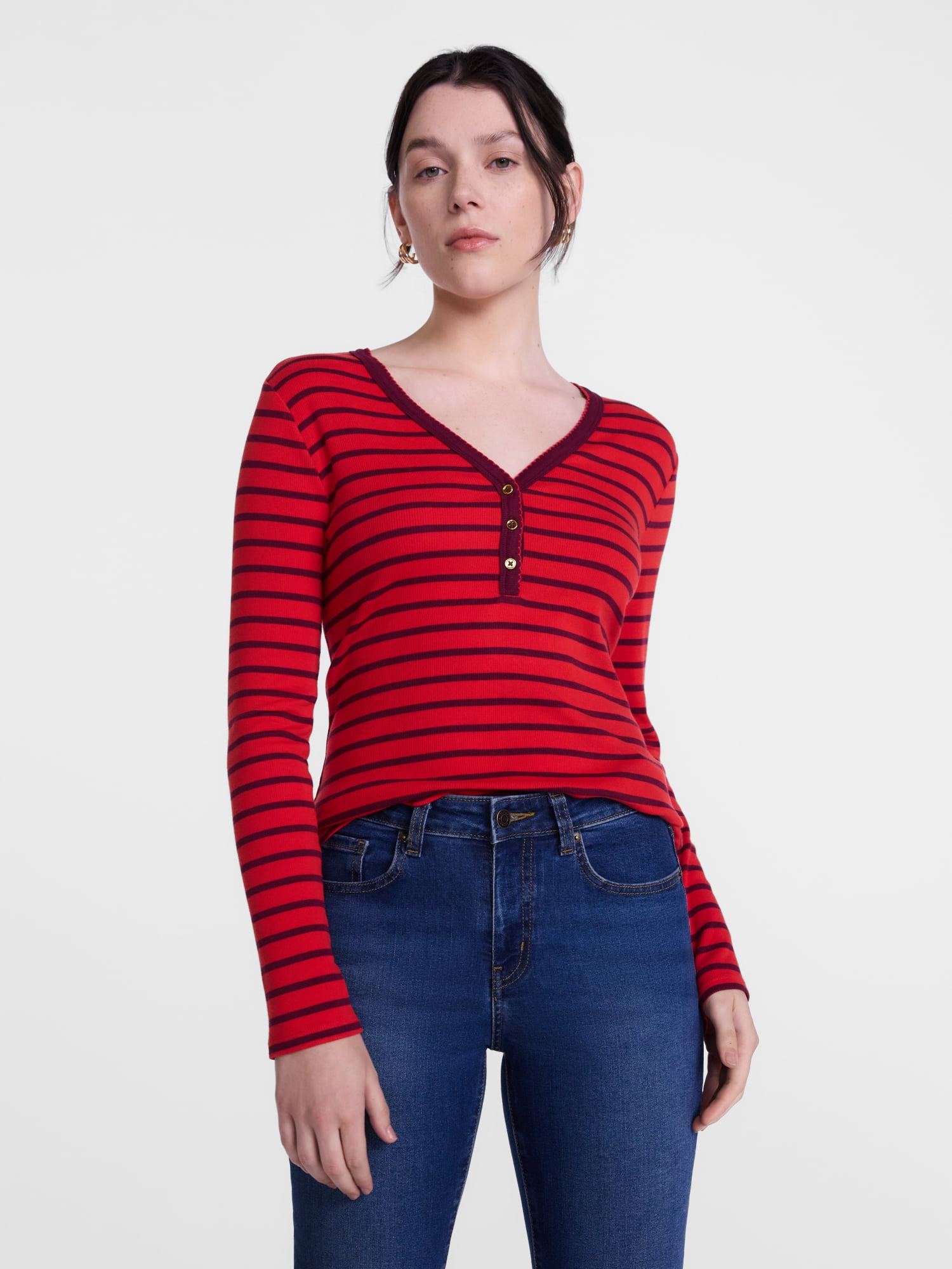 Scenario Women's and Women's Plus Striped Henley Shirt with Long Sleeves, Sizes XS-4X