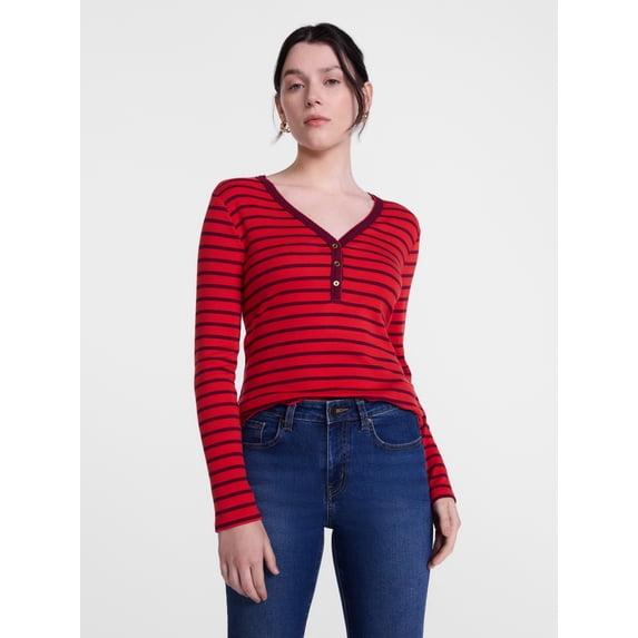 Scenario Women's and Women's Plus Striped Henley Shirt with Long Sleeves, Sizes XS-4X