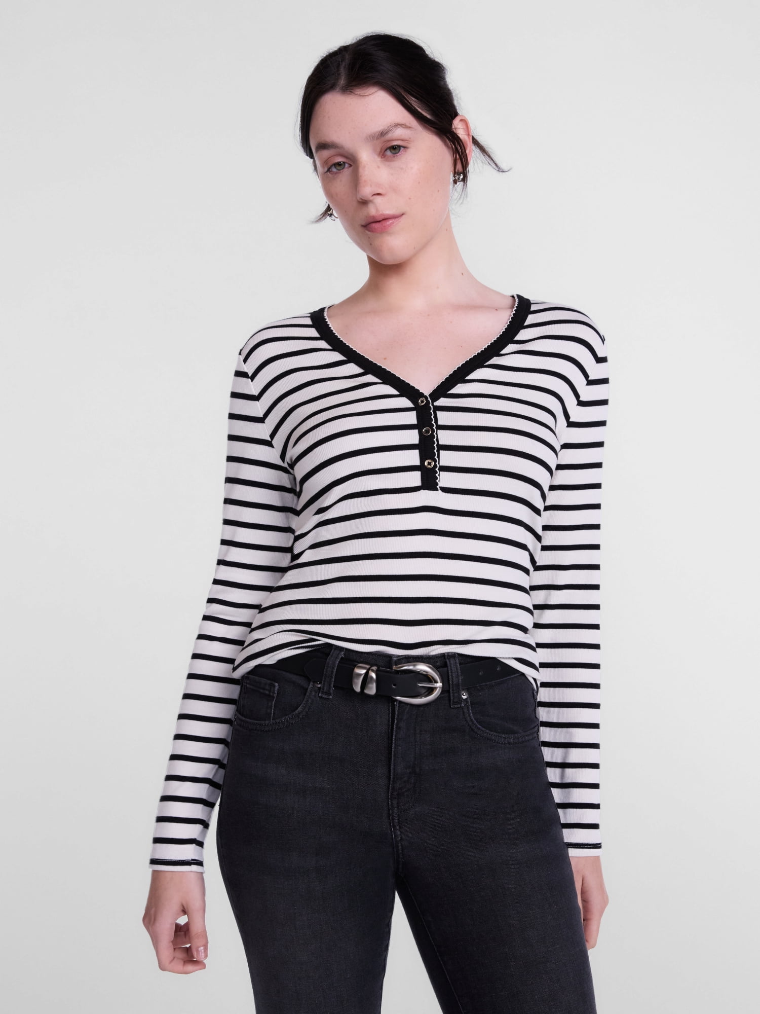 Scenario Women's and Women's Plus Striped Henley Shirt with Long Sleeves, Sizes XS-4X
