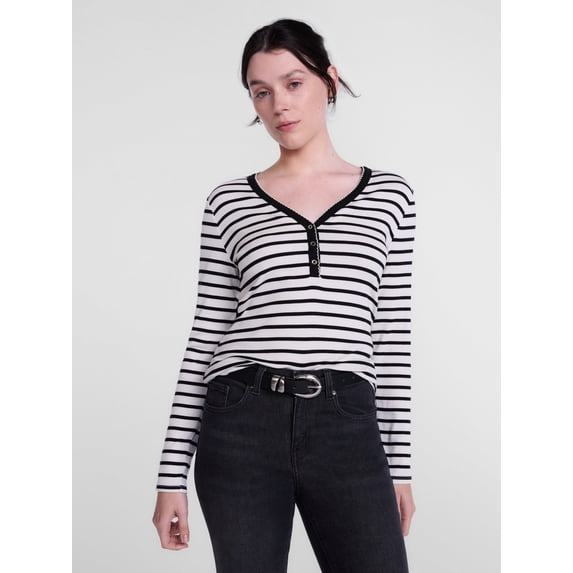 Scenario Women's and Women's Plus Striped Henley Shirt with Long Sleeves, Sizes XS-4X