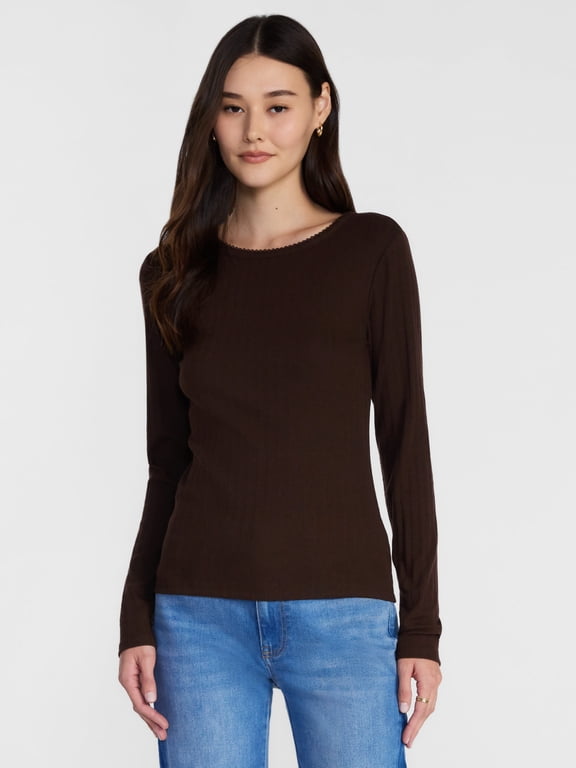 Women's Variegated Rib Tee with Long Sleeves, Sizes XS-XXXL