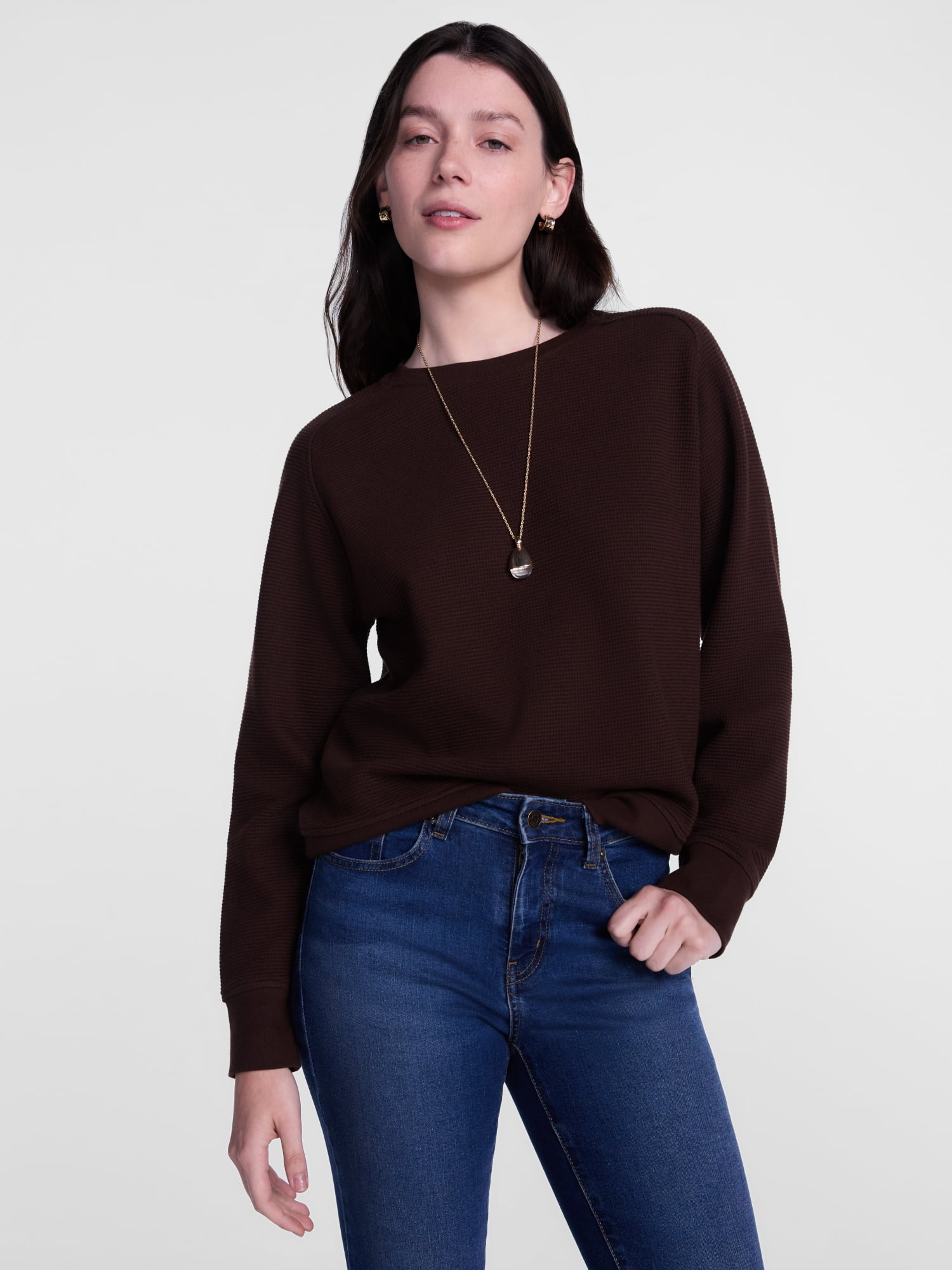 Scenario Women's Waffle Knit Crewneck Tee with Long Sleeves, Sizes XS-XXXL