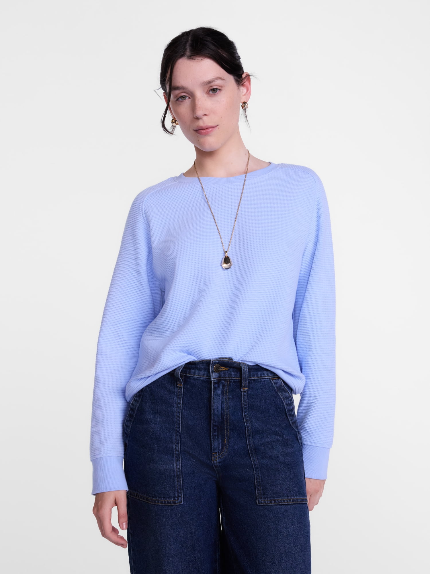 Scenario Women's Waffle Knit Crewneck Tee with Long Sleeves, Sizes XS-XXXL