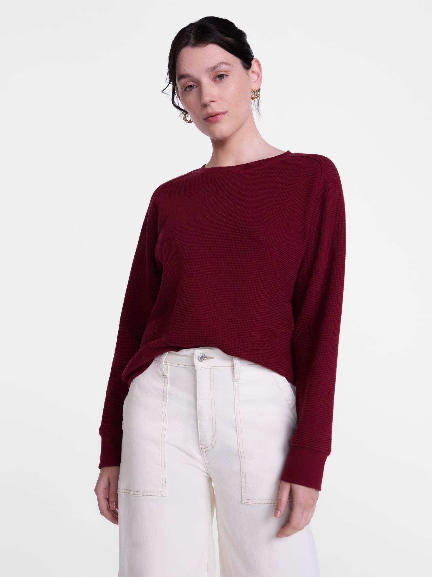 Scenario Women's Waffle Knit Crewneck Tee with Long Sleeves, Sizes XS-XXXL