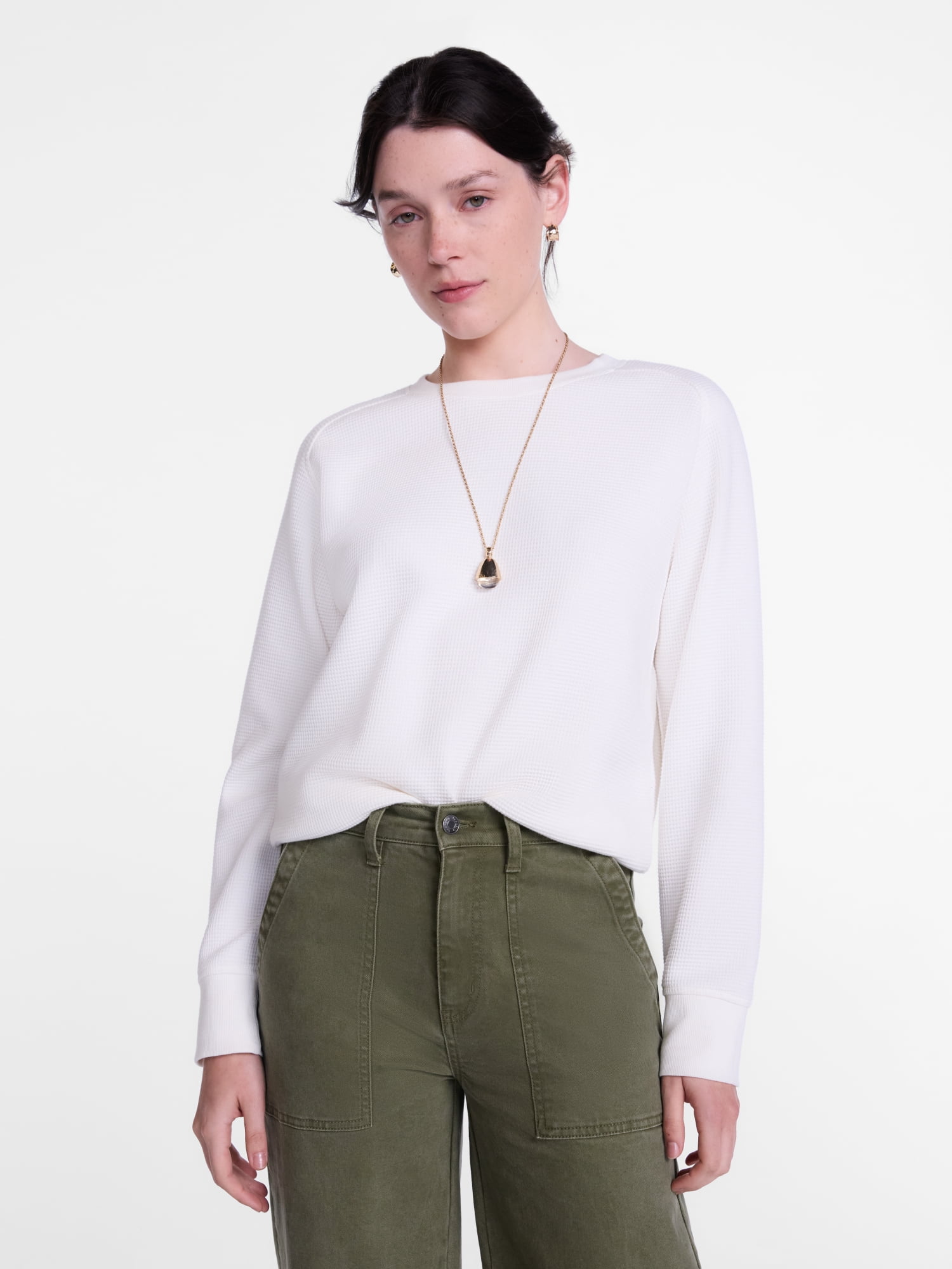 Scenario Women's Waffle Knit Crewneck Tee with Long Sleeves, Sizes XS-XXXL