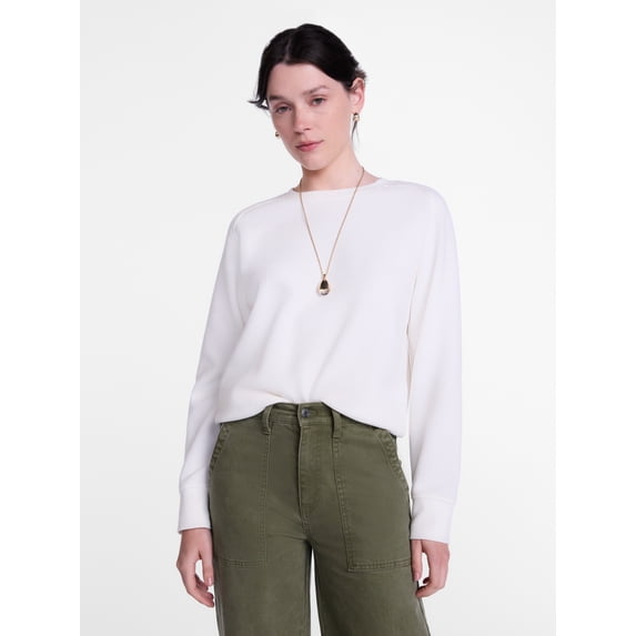 Scenario Women's Waffle Knit Crewneck Tee with Long Sleeves, Sizes XS-XXXL