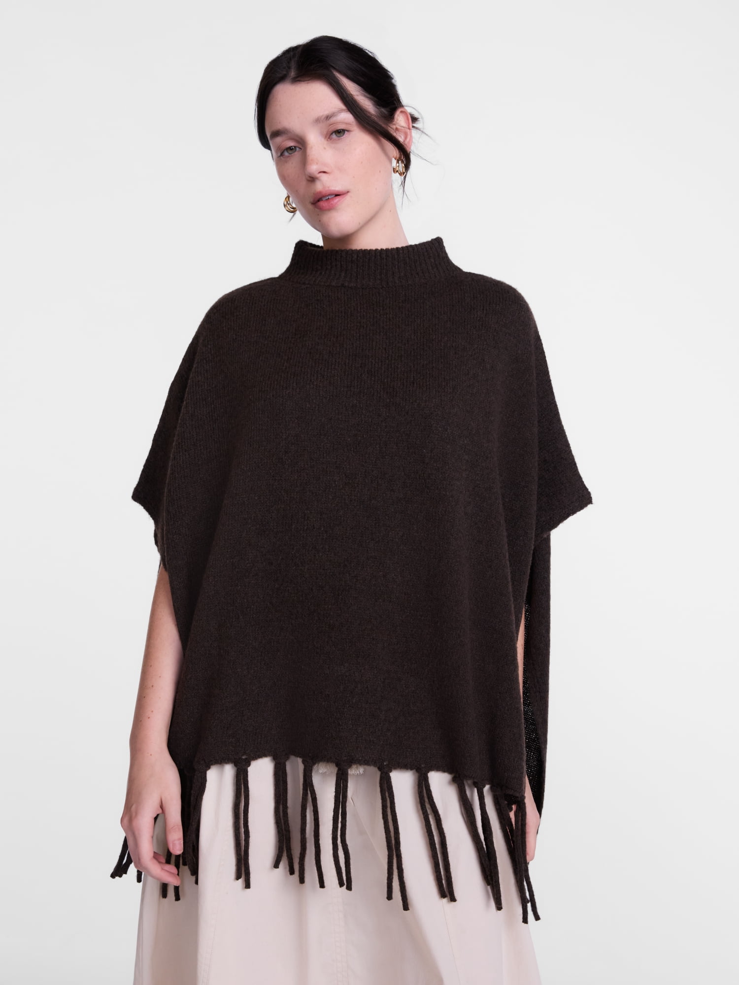 Scenario Women's Mock Neck Fringe Poncho, Sizes S-XL