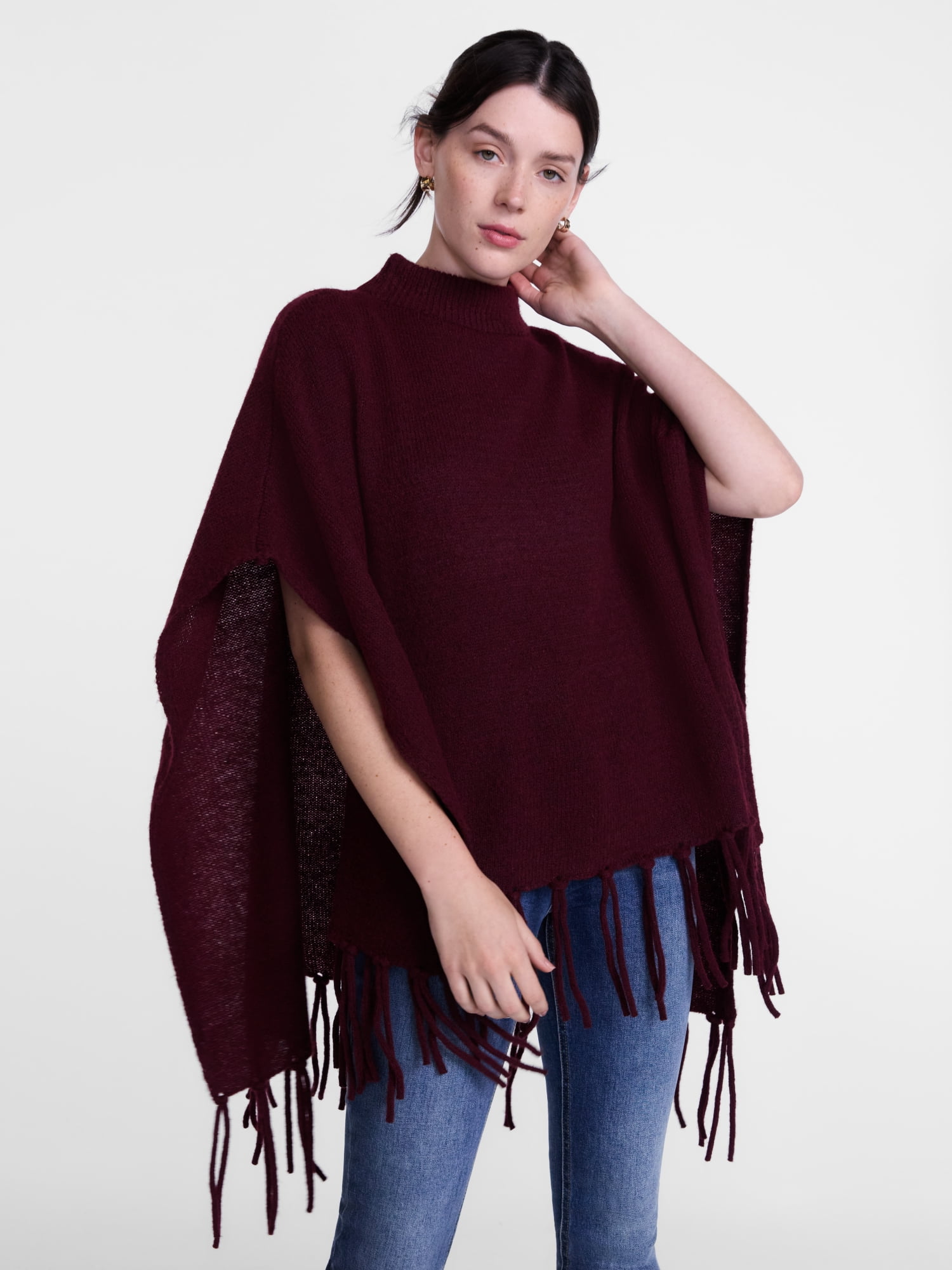 Scenario Women's Mock Neck Fringe Poncho, Sizes S-XL