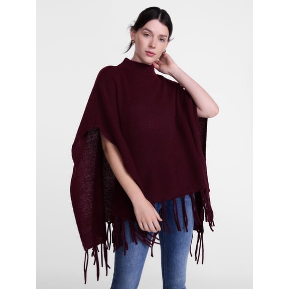 Scenario Women's Mock Neck Fringe Poncho, Sizes S-XL