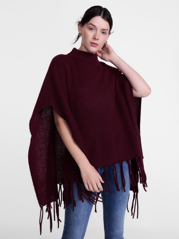 Women's Mock Neck Fringe Poncho, Sizes S-XL