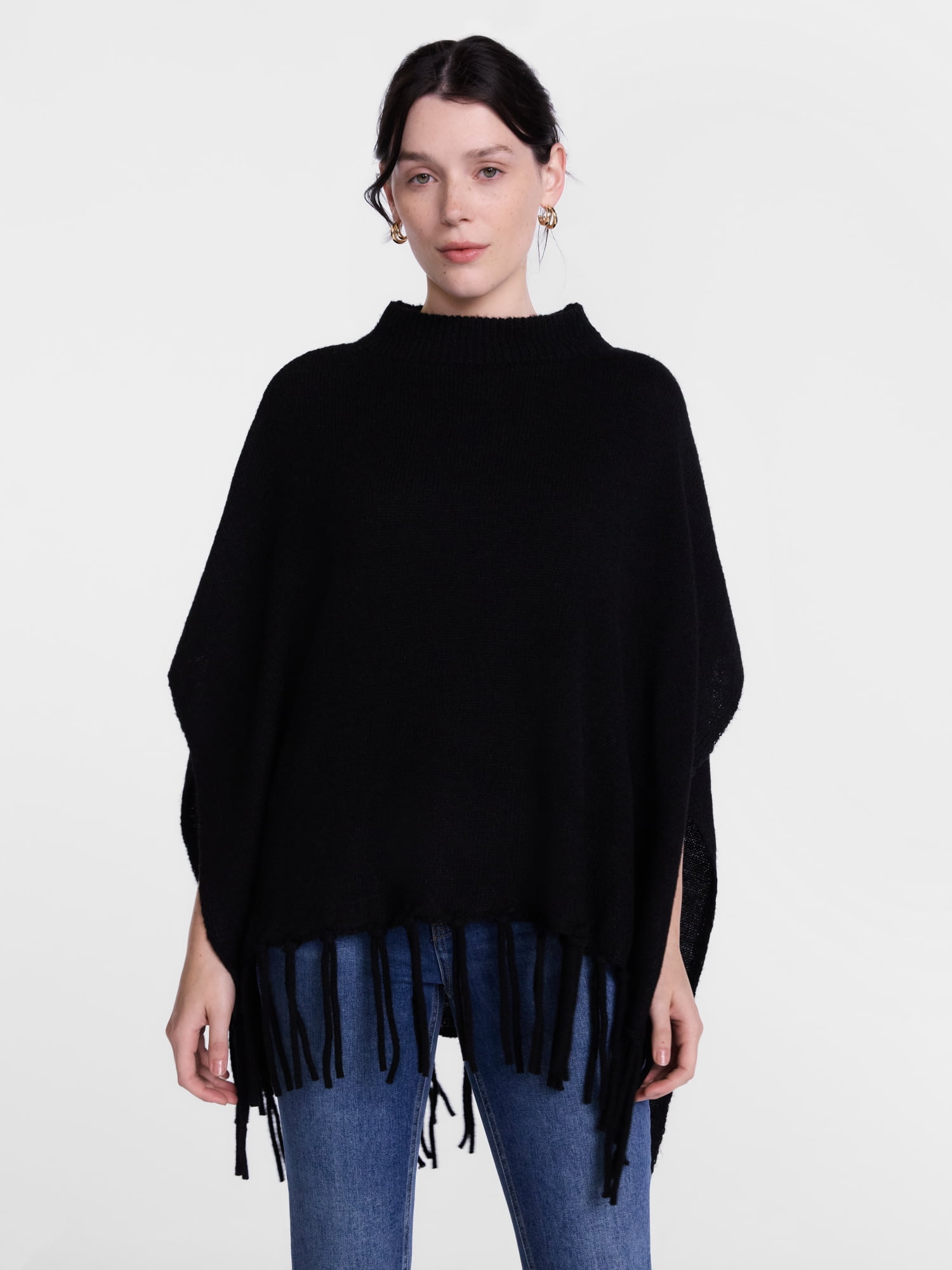 Scenario Women's Mock Neck Fringe Poncho, Sizes S-XL