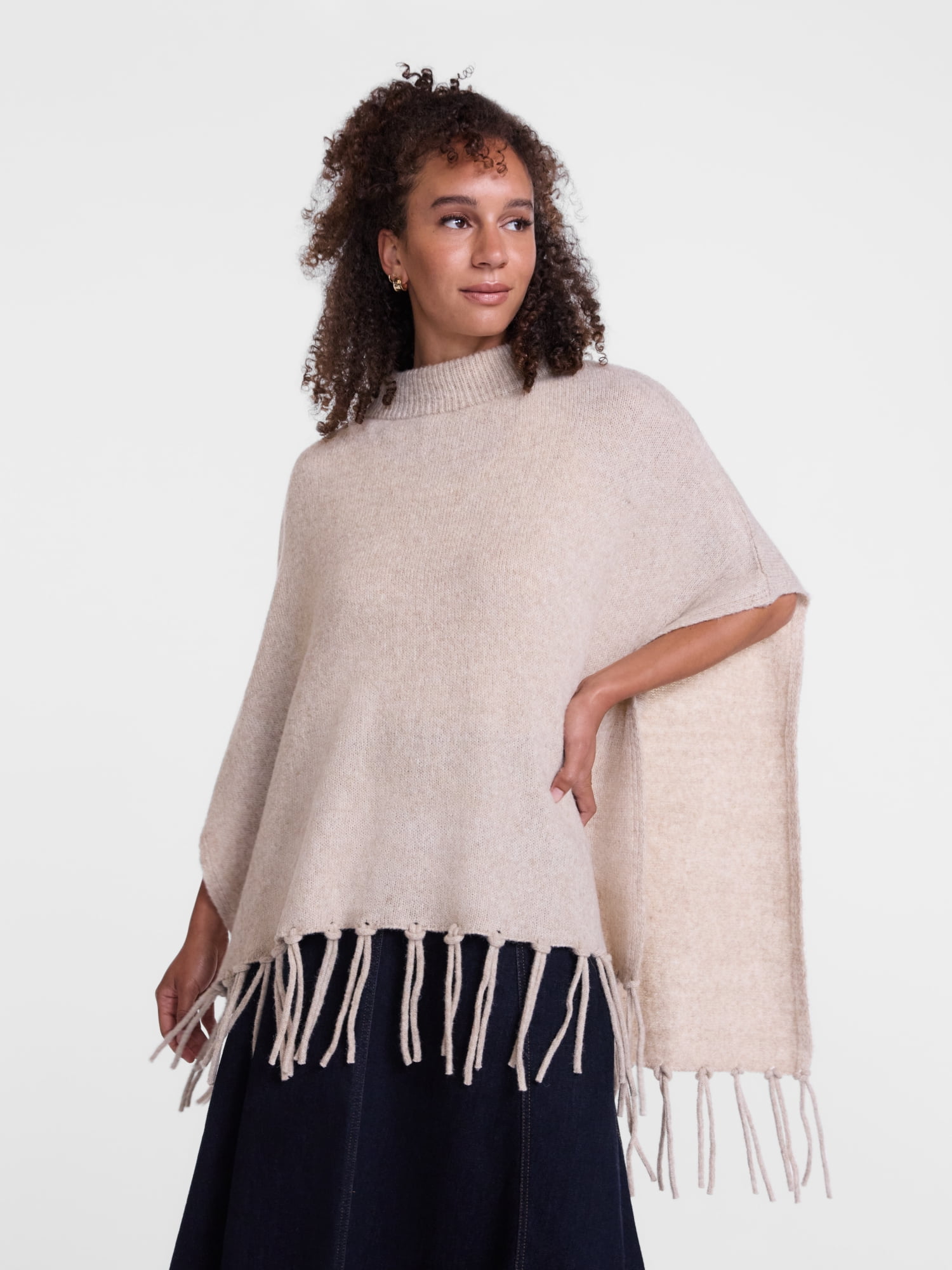 Scenario Women's Mock Neck Fringe Poncho, Sizes S-XL