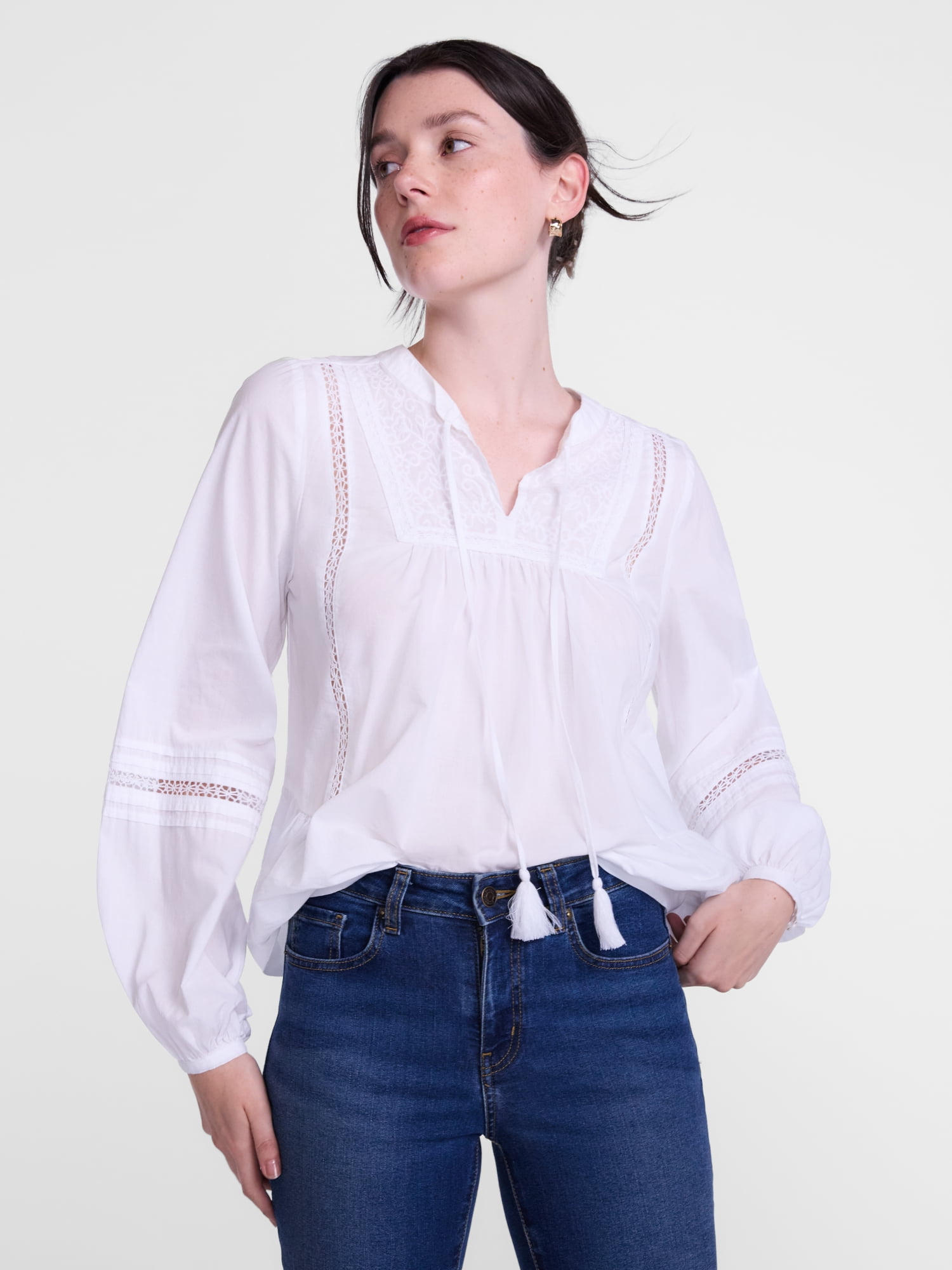 Scenario Women's and Women's Plus Embroidery Top with Lace Inserts, Sizes XS-4X
