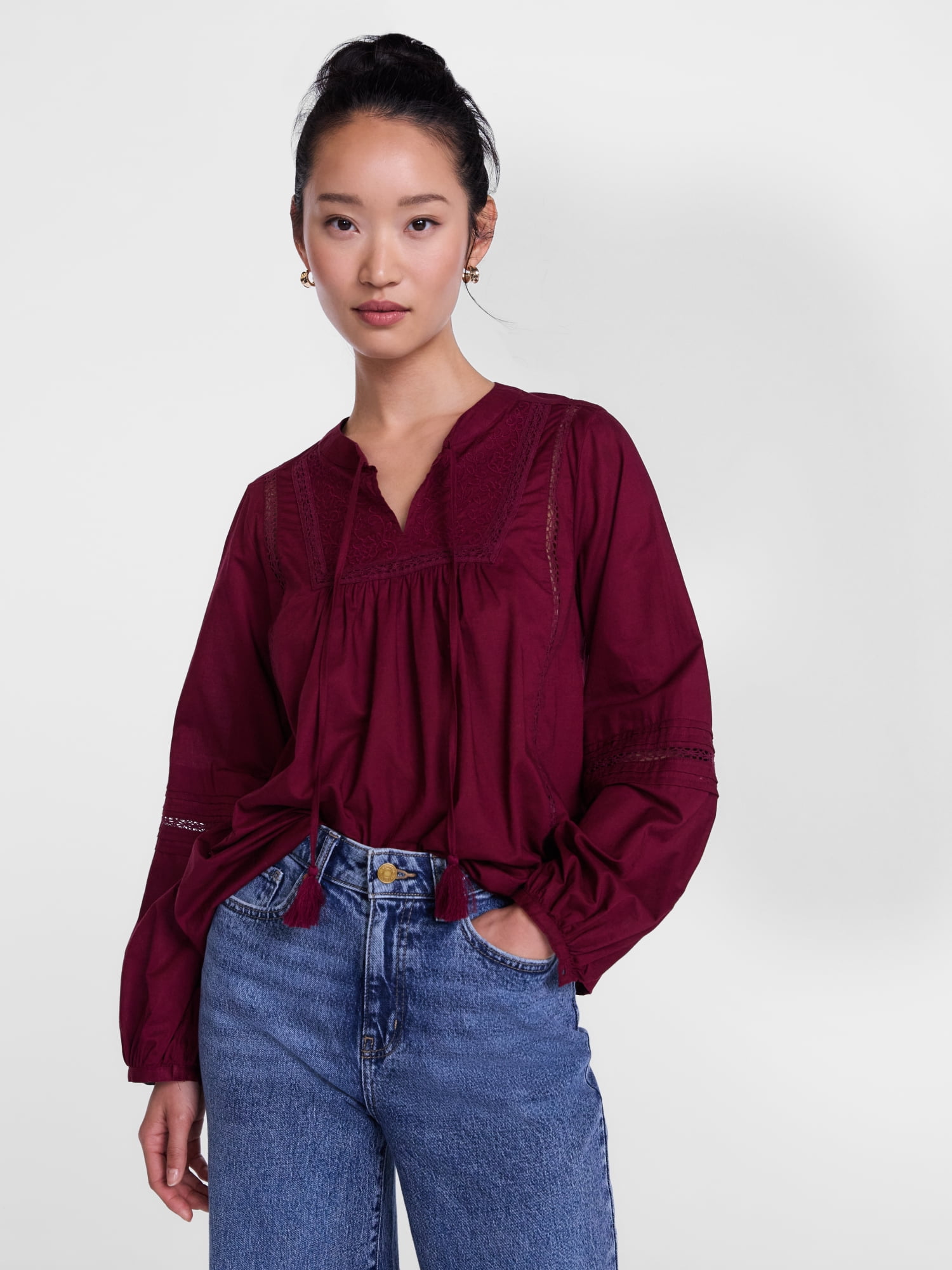 Scenario Women's and Women's Plus Embroidery Top with Lace Inserts, Sizes XS-4X