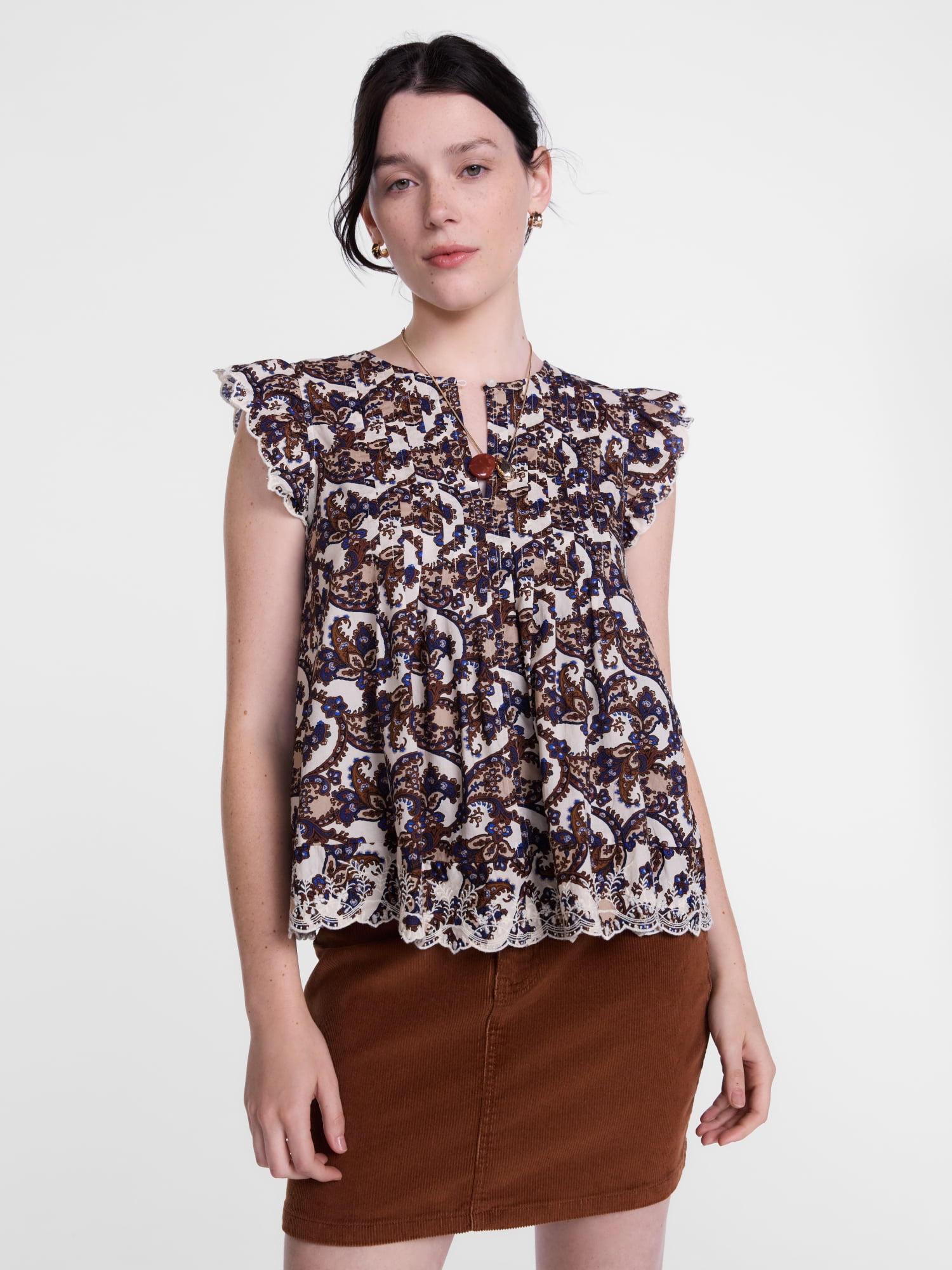 Scenario Women's and Women's Plus Short Sleeve Pleated Embroidered Printed Top, Sizes XS-4X