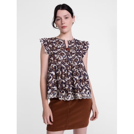 Scenario Women's and Women's Plus Short Sleeve Pleated Embroidered Printed Top, Sizes XS-4X