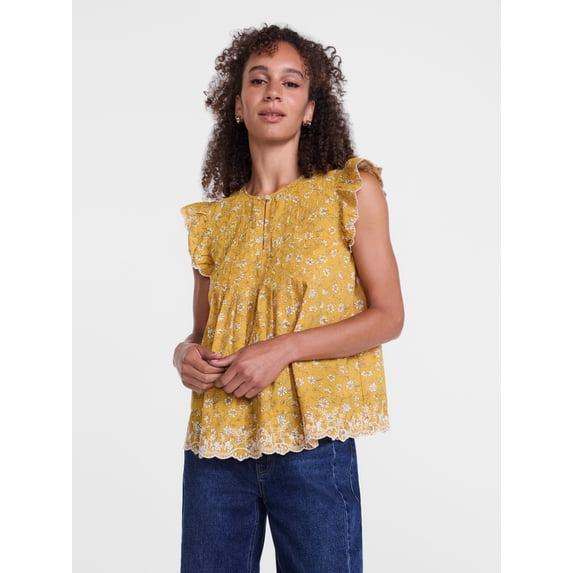 Scenario Women's and Women's Plus Short Sleeve Pleated Embroidered Printed Top, Sizes XS-4X