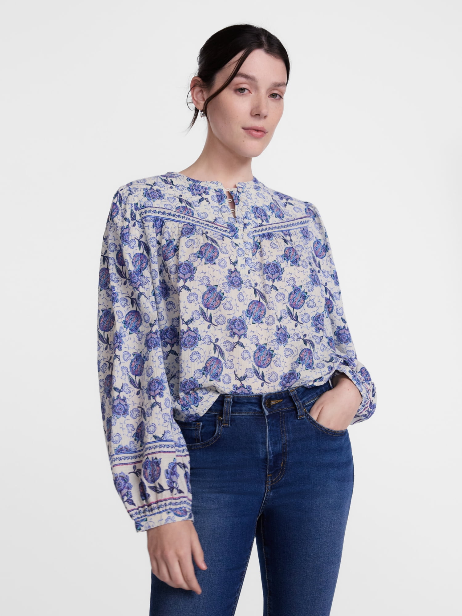 Scenario Women's and Women's Plus Quilted Detail Long Sleeve Top, Sizes XS-4X