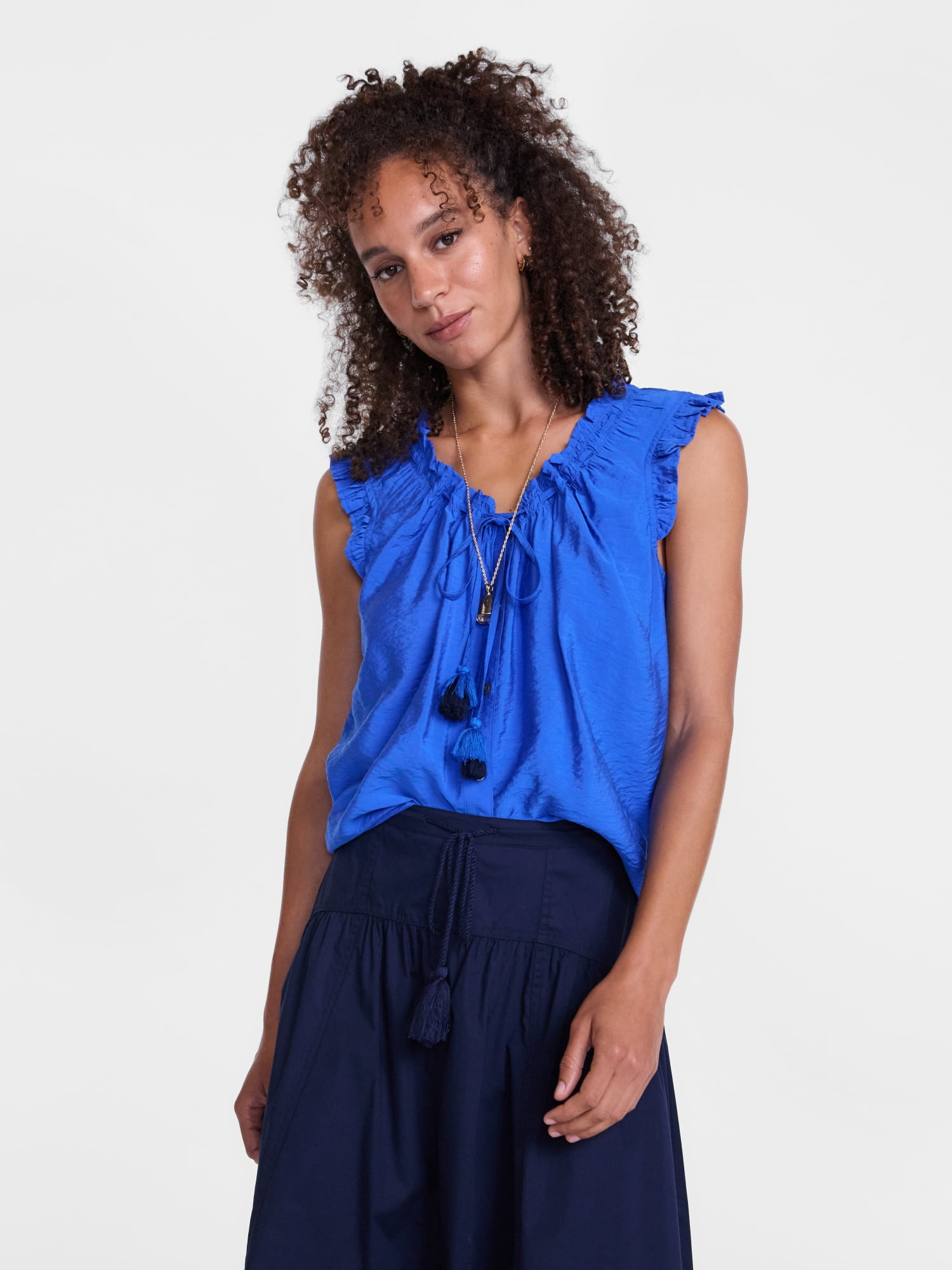 Scenario Women's and Women's Plus Ruffle Neck Tank Top with Tie Front, Sizes XS-4X