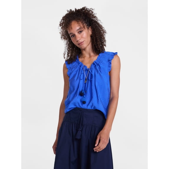 Scenario Women's and Women's Plus Ruffle Neck Tank Top with Tie Front, Sizes XS-4X