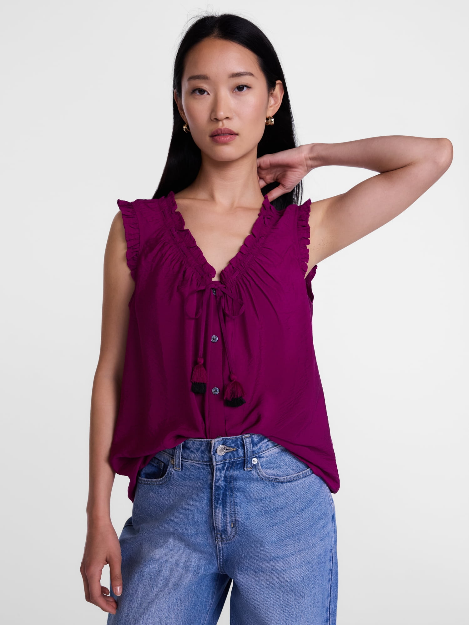 Scenario Women's and Women's Plus Ruffle Neck Tank Top with Tie Front, Sizes XS-4X