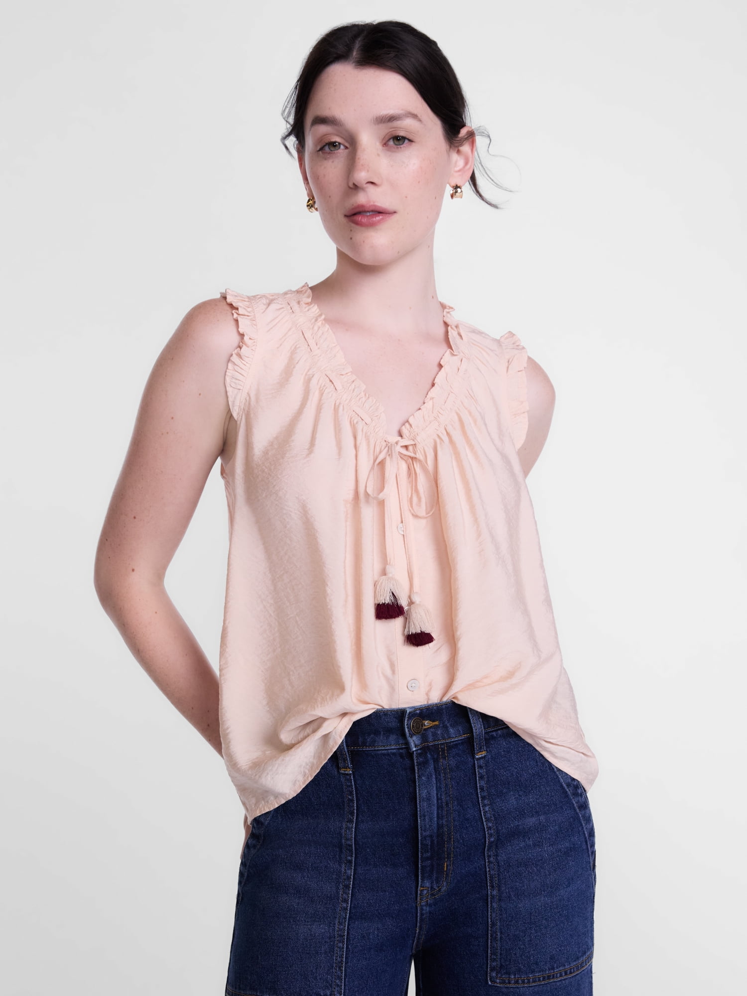 Scenario Women's and Women's Plus Ruffle Neck Tank Top with Tie Front, Sizes XS-4X