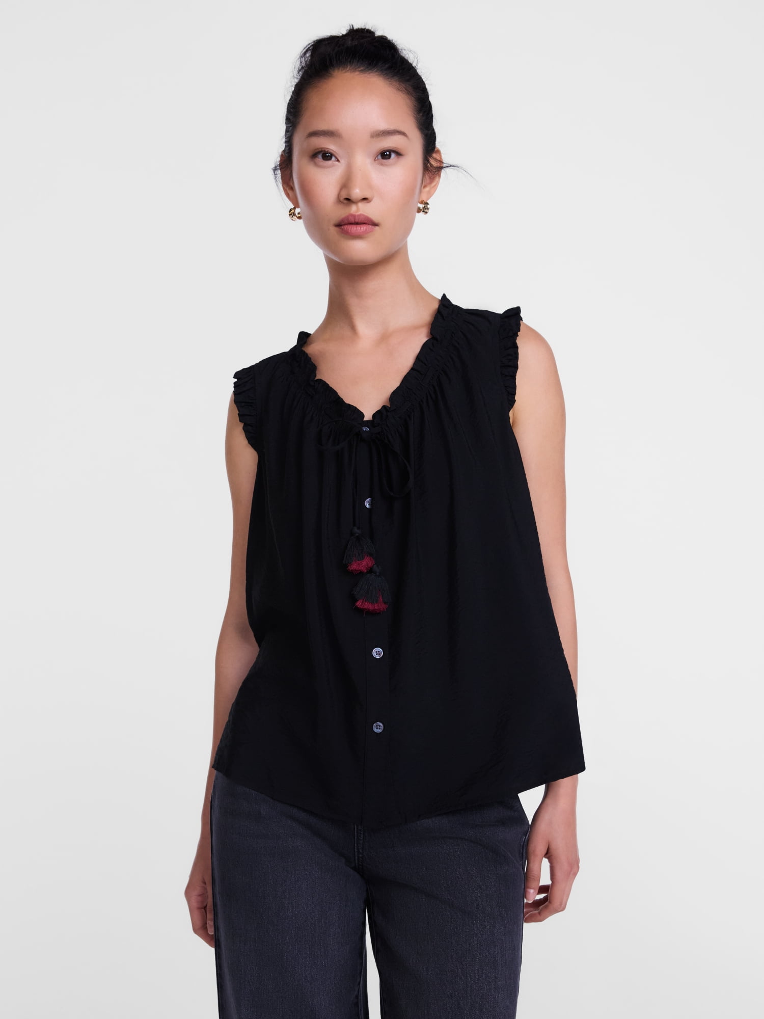 Scenario Women's and Women's Plus Ruffle Neck Tank Top with Tie Front, Sizes XS-4X