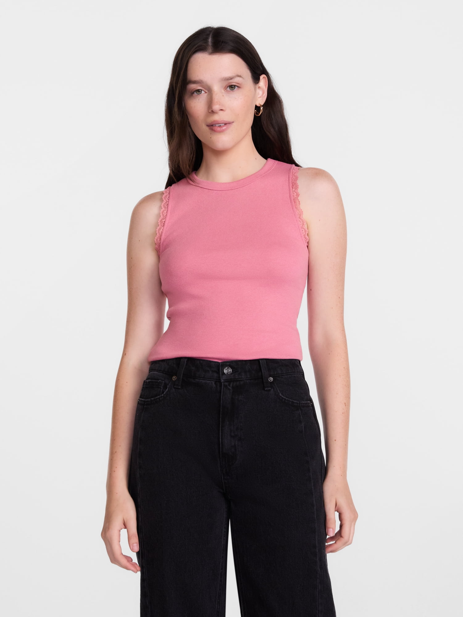 Scenario Women's Ribbed Tank Top with Lace Trim, Sizes XS-XXXL