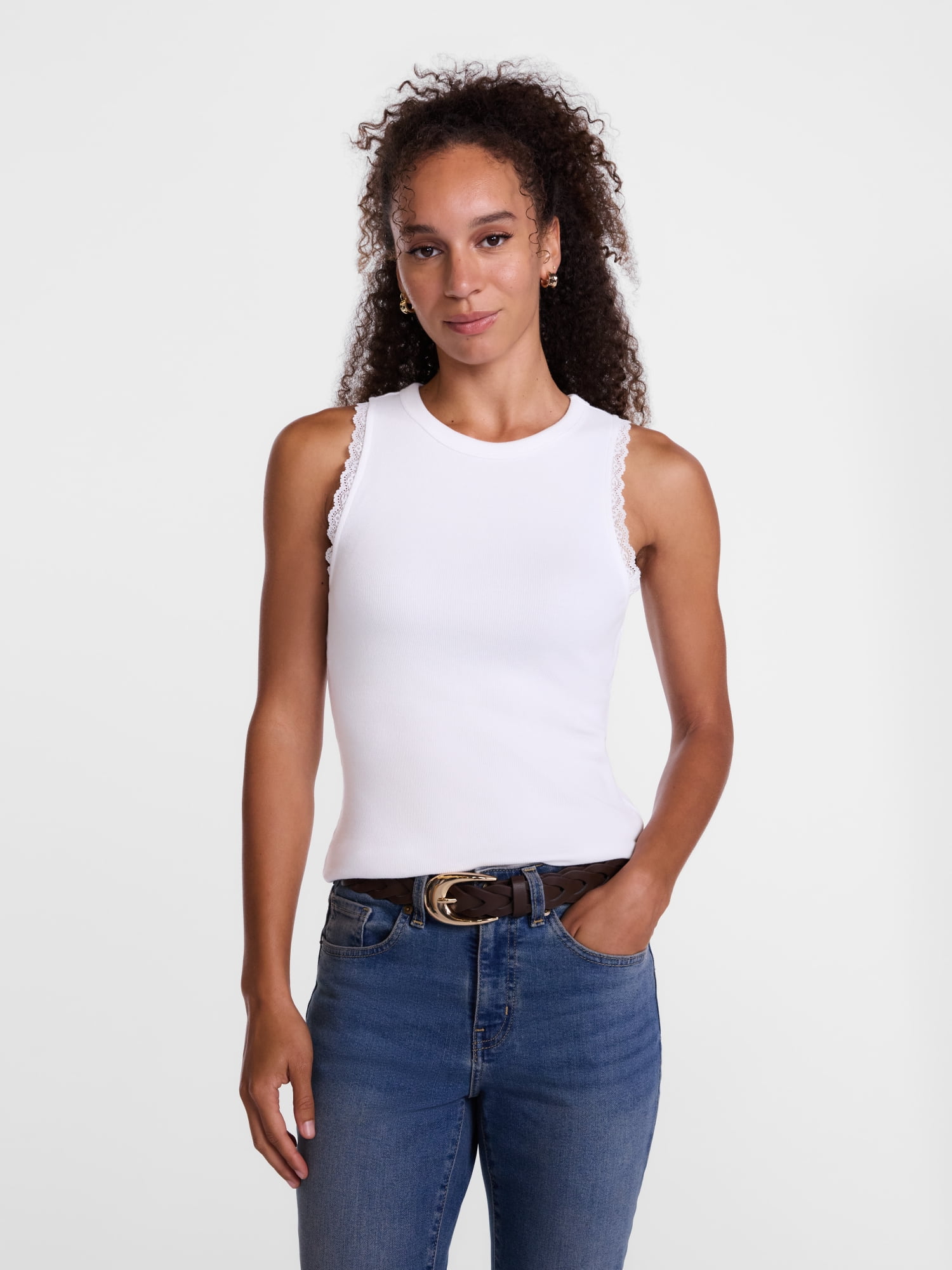 Scenario Women's Ribbed Tank Top with Lace Trim, Sizes XS-XXXL