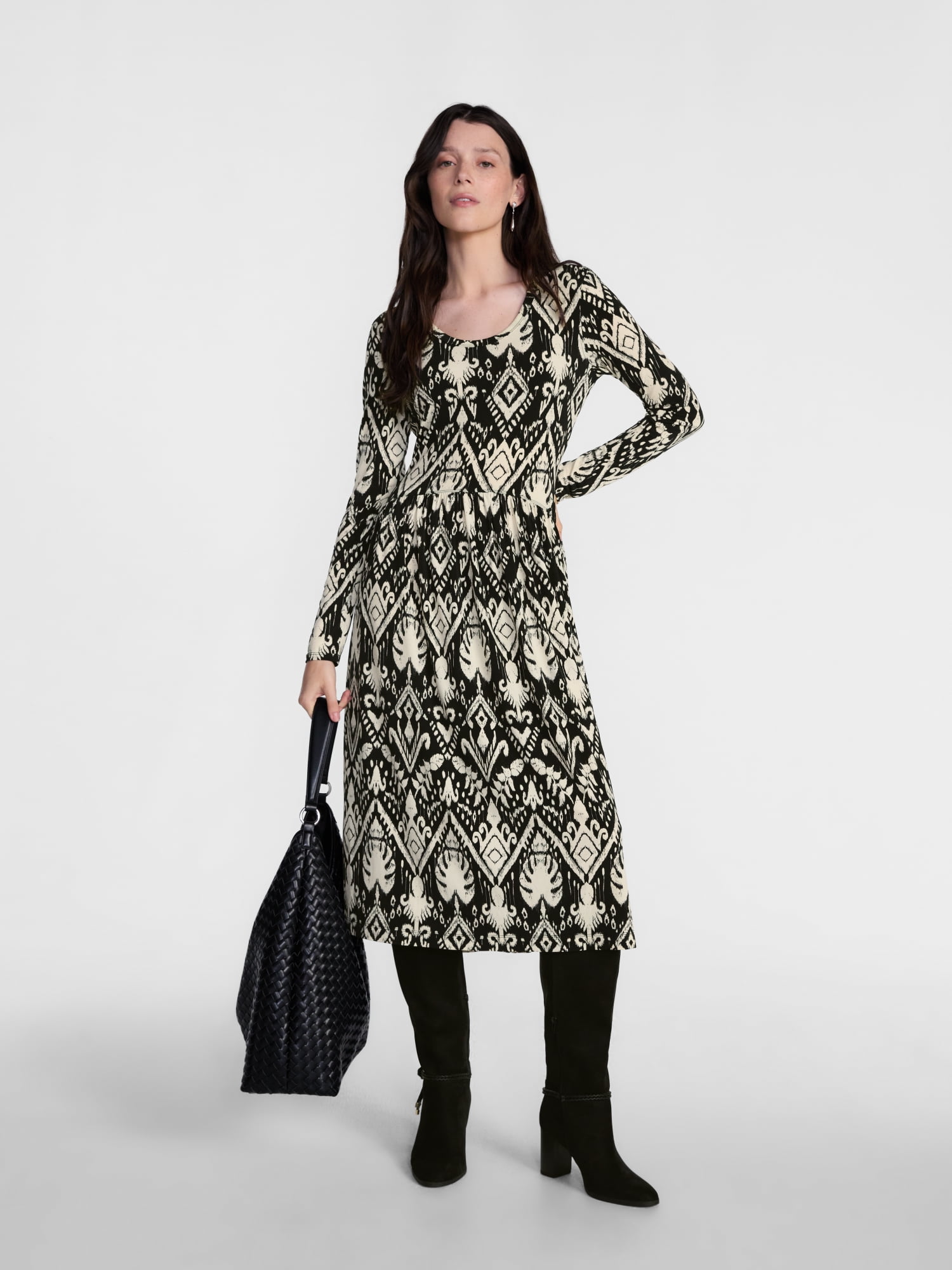 Scenario Women's Scoop Neck Midi Dress with Long Sleeves, Sizes XS-XXXL