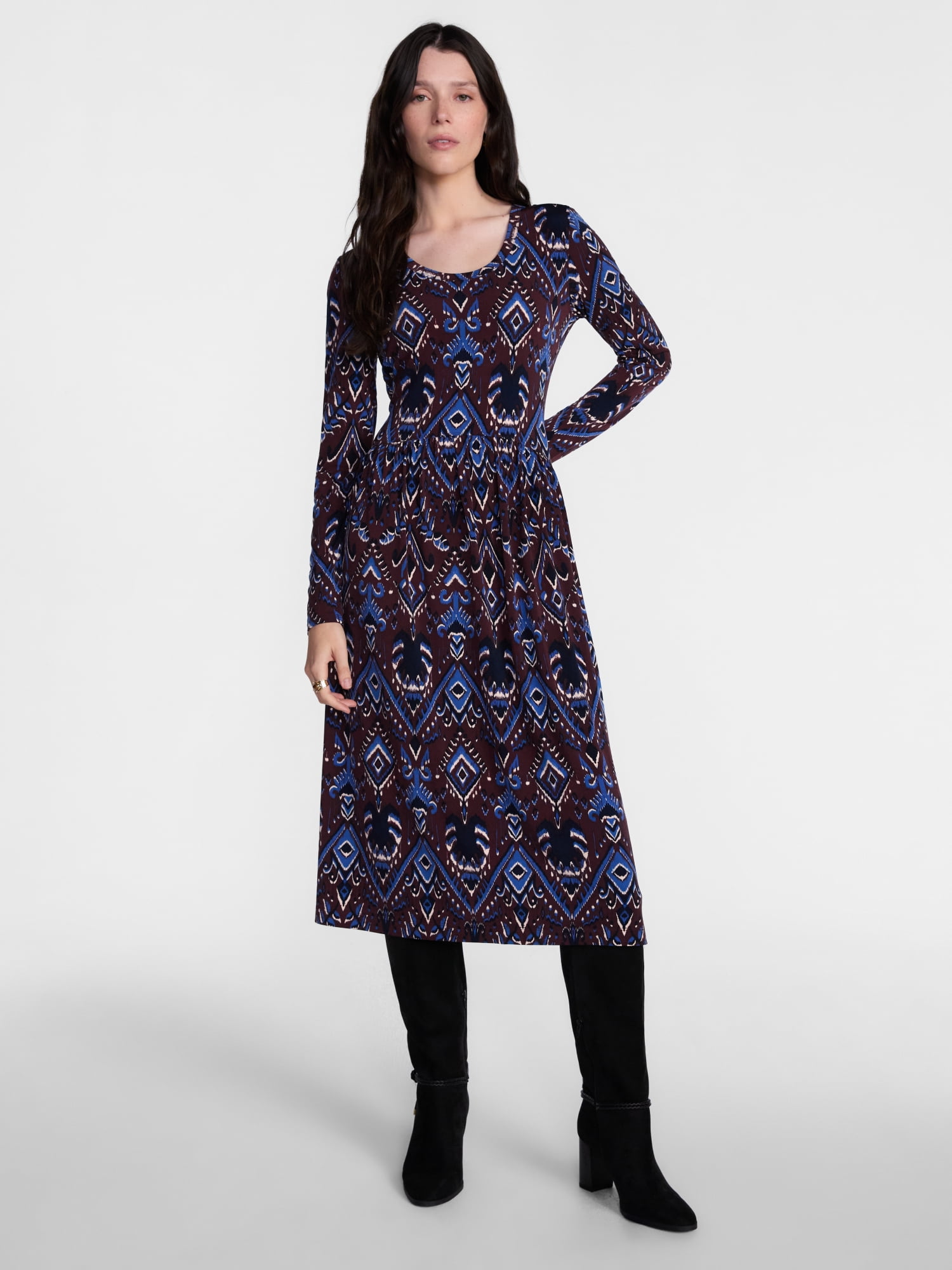 Scenario Women's Scoop Neck Midi Dress with Long Sleeves, Sizes XS-XXXL