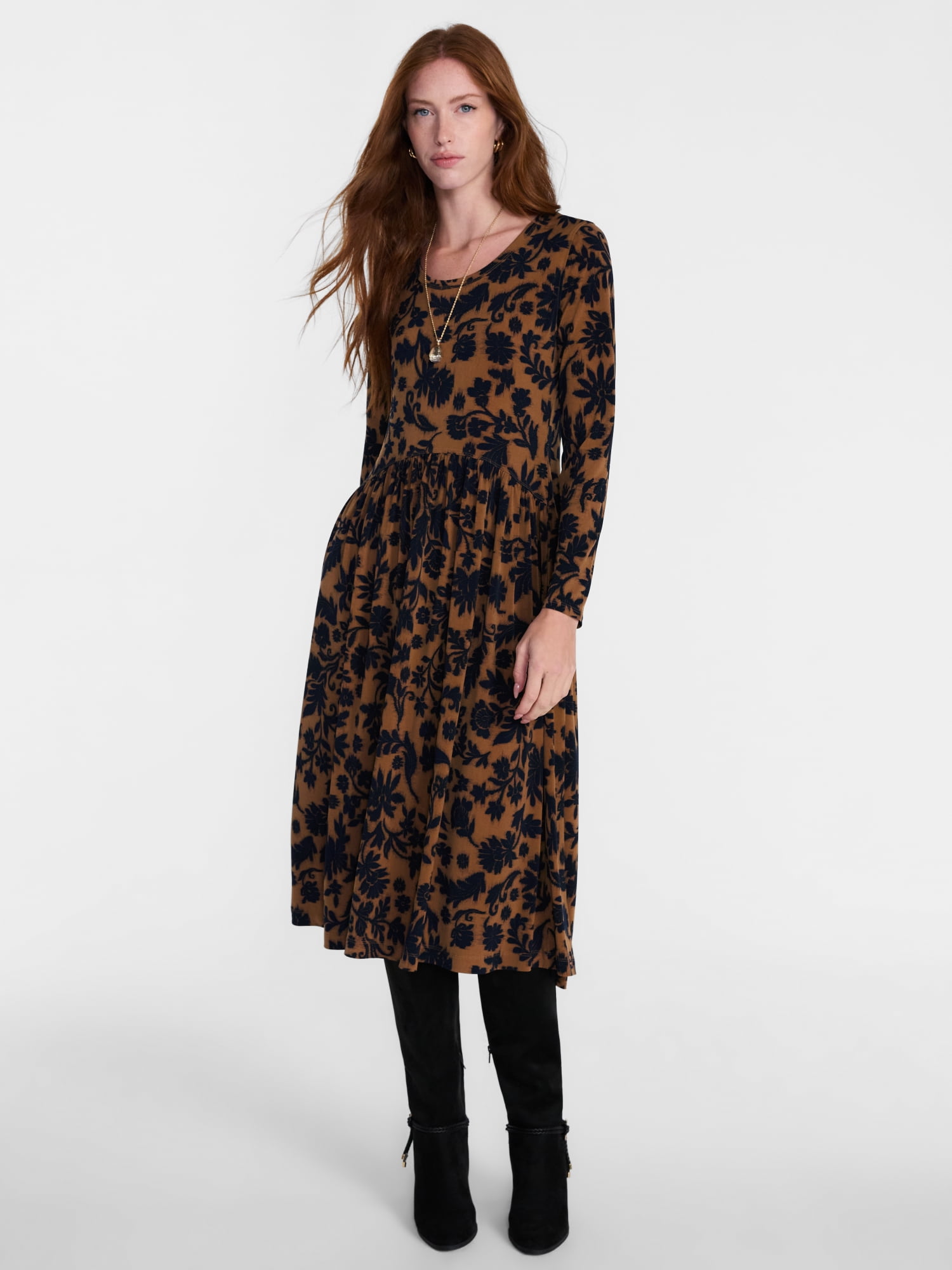 Scenario Women's Scoop Neck Midi Dress with Long Sleeves, Sizes XS-XXXL