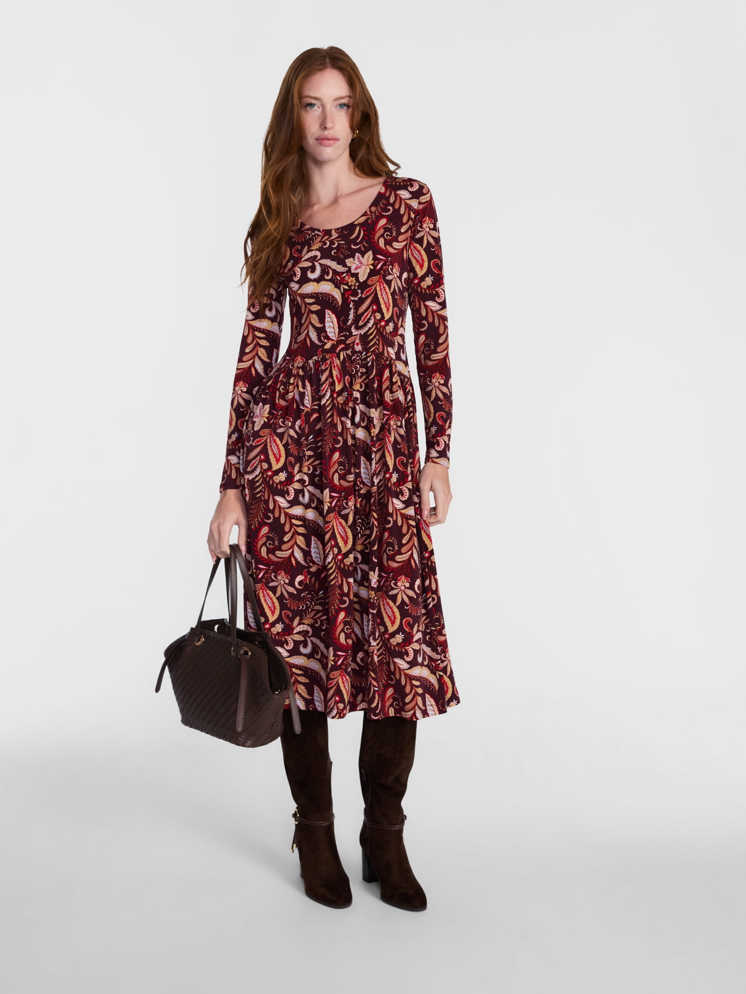 Scenario Women's Scoop Neck Midi Dress with Long Sleeves, Sizes XS-XXXL