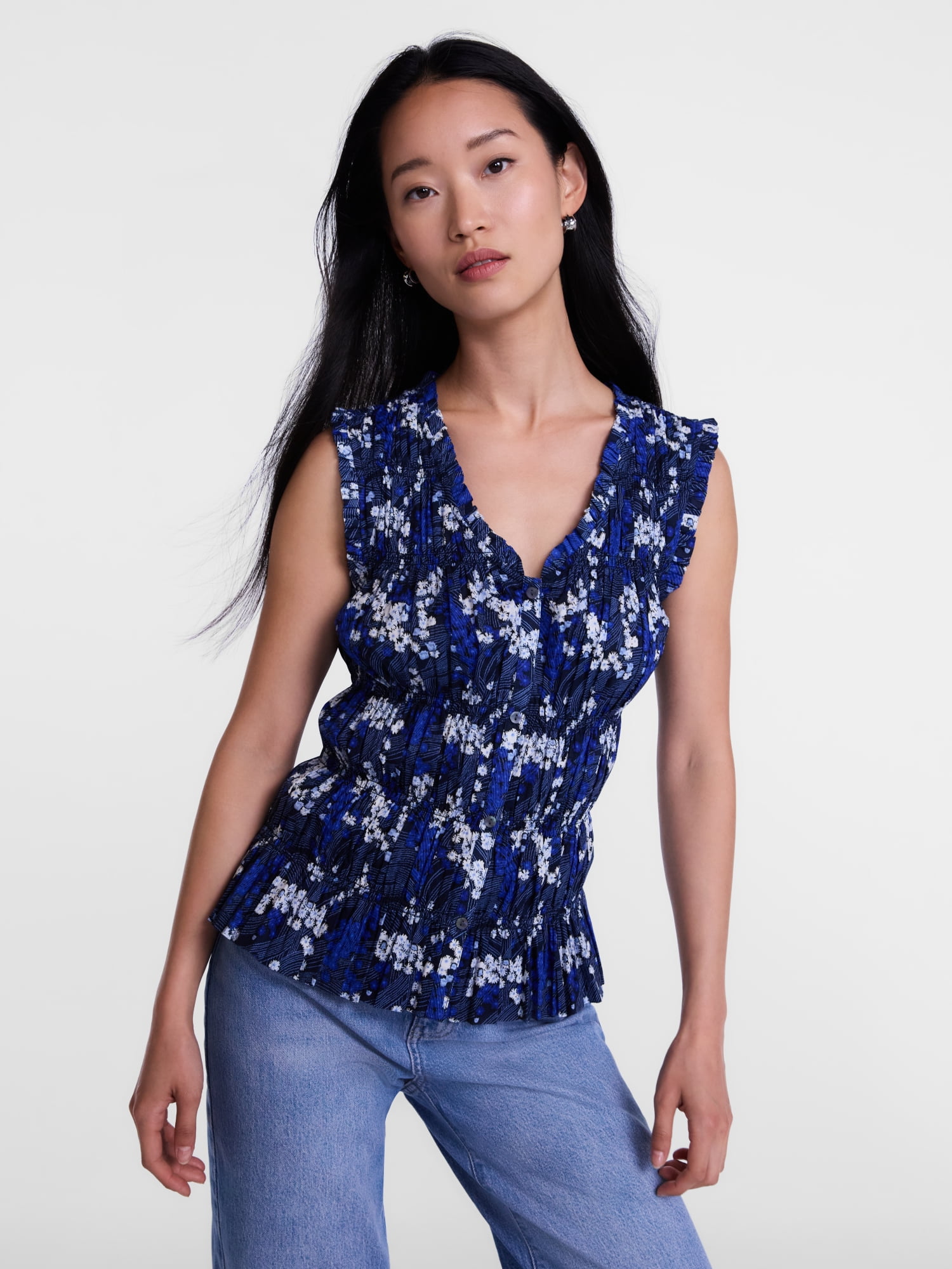 Scenario Women's Smocked Sleeveless Button Front Top, Sizes XS-XXXL