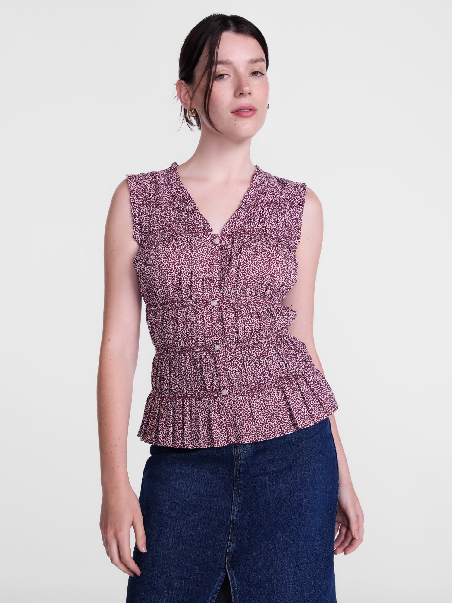 Scenario Women's Smocked Sleeveless Button Front Top, Sizes XS-XXXL