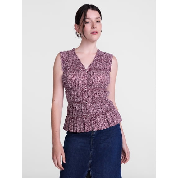 Scenario Women's Smocked Sleeveless Button Front Top, Sizes XS-XXXL