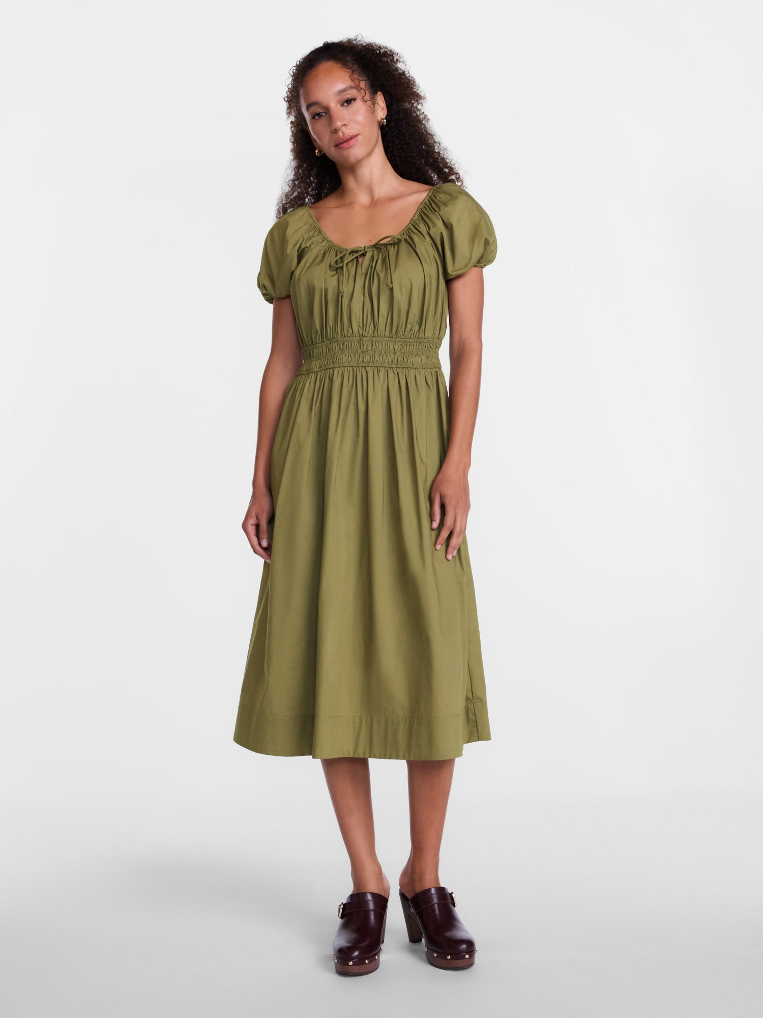 Scenario Women's and Women's Plus Smocked Waist Peasant Midi Dress with Puff Sleeves, Sizes XS-4X