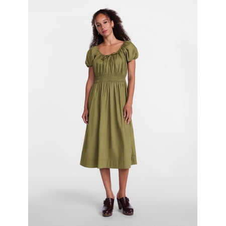 Scenario Women's and Women's Plus Smocked Waist Peasant Midi Dress with Puff Sleeves, Sizes XS-4X