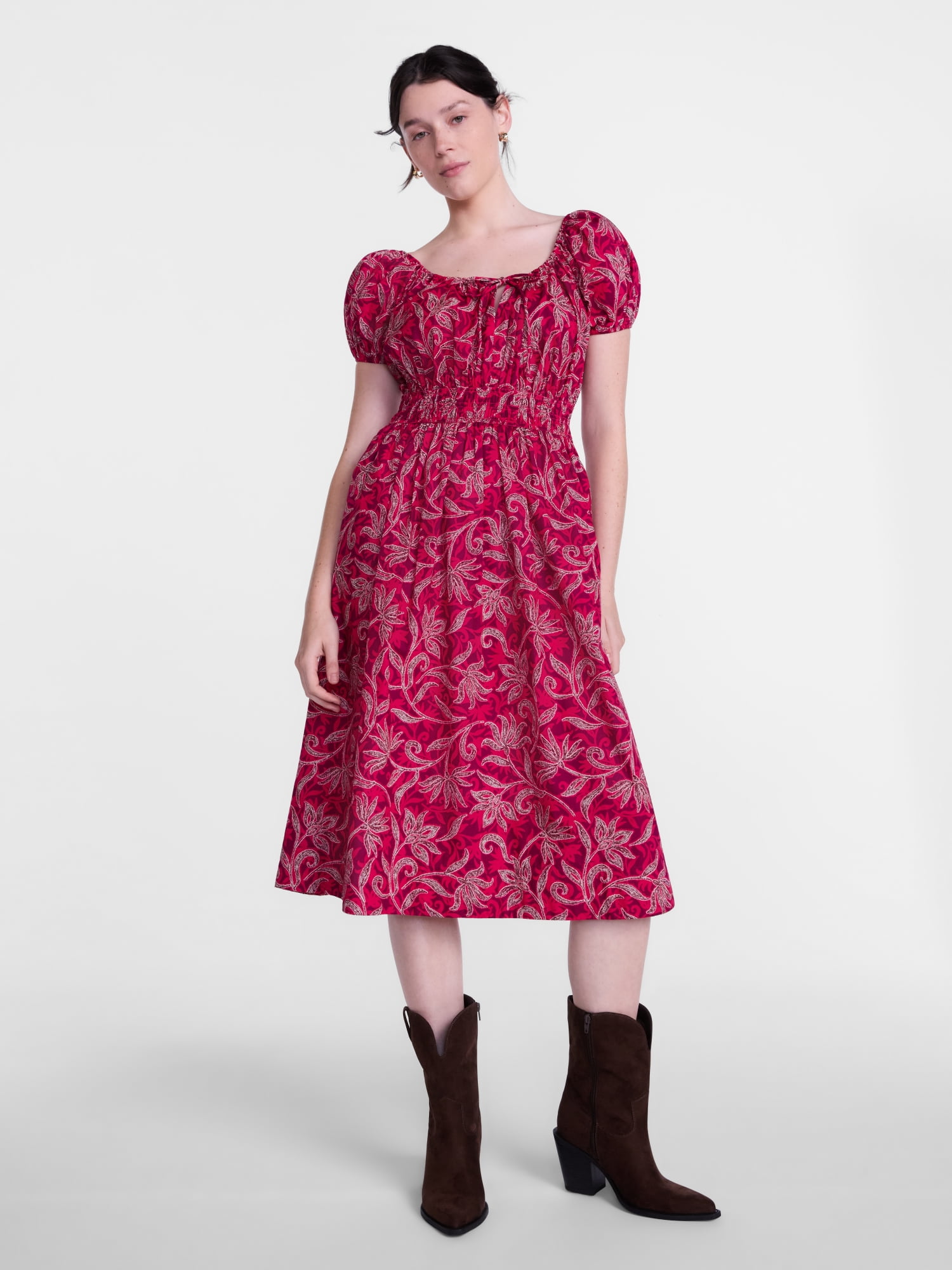 Scenario Women's and Women's Plus Smocked Waist Peasant Midi Dress with Puff Sleeves, Sizes XS-4X